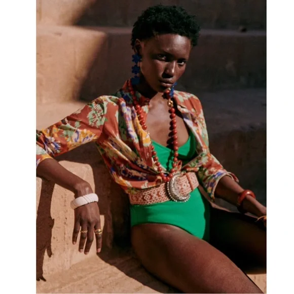 SEZANE NWT Rust Orange Green Abstract Floral Printed Button Down Pierro Shirt 38 - Picture 11 of 11